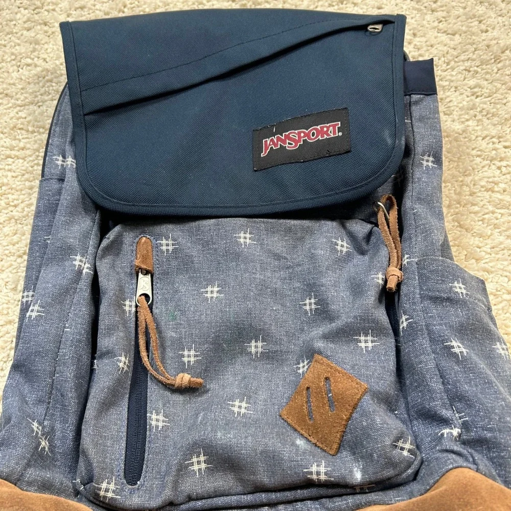 JanSport Hensley Backpack Blue Denim Hashtag Print Leather Bottom JS00T69K